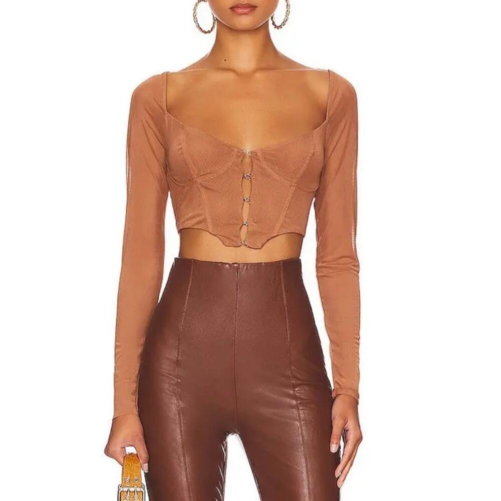 AFRM Grecian Long Mesh Sleeve Corset Top In Saddle Brown